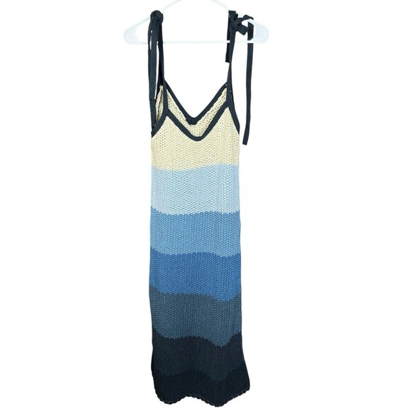 ZARA Crochet Knit Midi Dress S Blue Striped Tie Shoulder Boho Beach Resort NWT - Picture 6 of 15